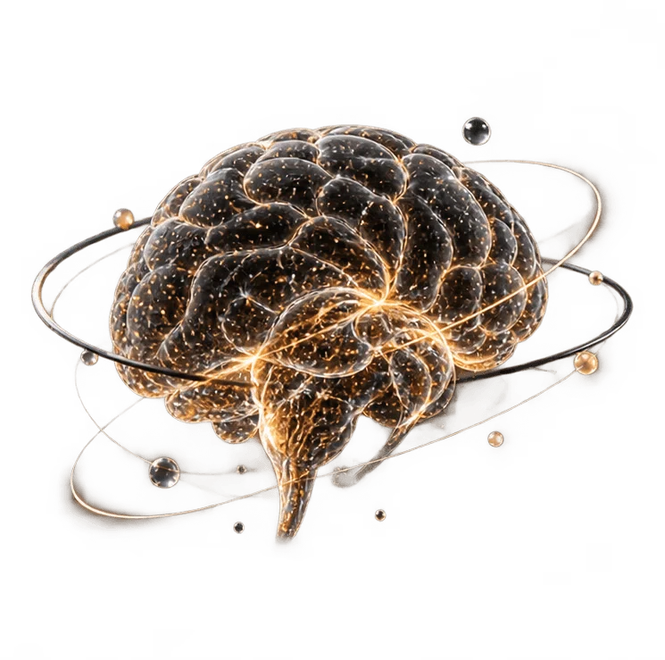 An AI brain surrounded by orbital golden light