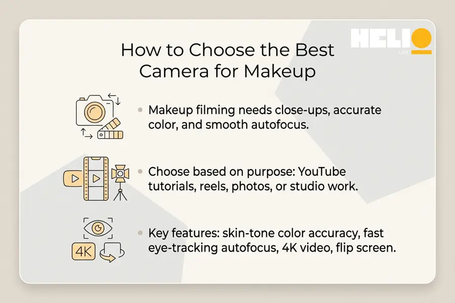 Infographic titled ‘How to Choose the Best Camera for Makeup’ showing icons of a camera, tripod, and 4K autofocus. Highlights include: makeup filming requires close-ups, accurate color, and smooth autofocus; choosing a camera based on purpose such as YouTube tutorials, reels, photos, or studio work; and key features like skin-tone color accuracy, fast eye-tracking autofocus, 4K video, and a flip screen.