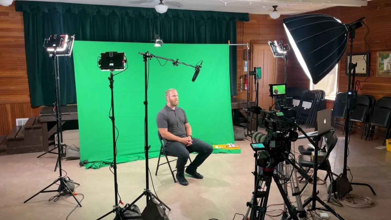 professional green screen lighting setup with two lights evenly illuminating background