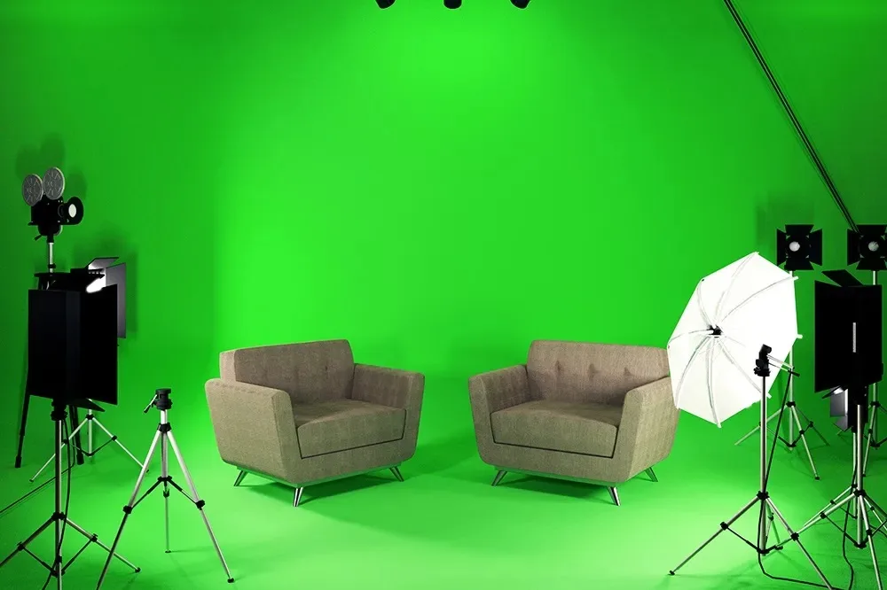 home studio green screen lighting setup with soft key and rim light