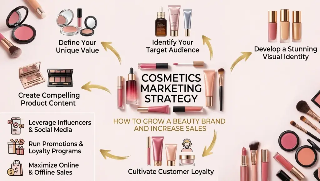 Cosmetics marketing performance dashboard showing CAC, CLV, ROAS, and retention metrics