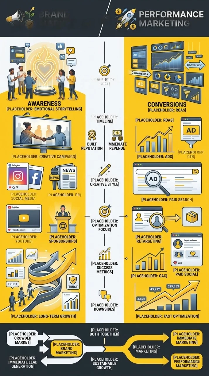 Brand Marketing vs Performance Marketing comparison shown through digital marketing funnel illustration, Brand Marketing vs Performance Marketing