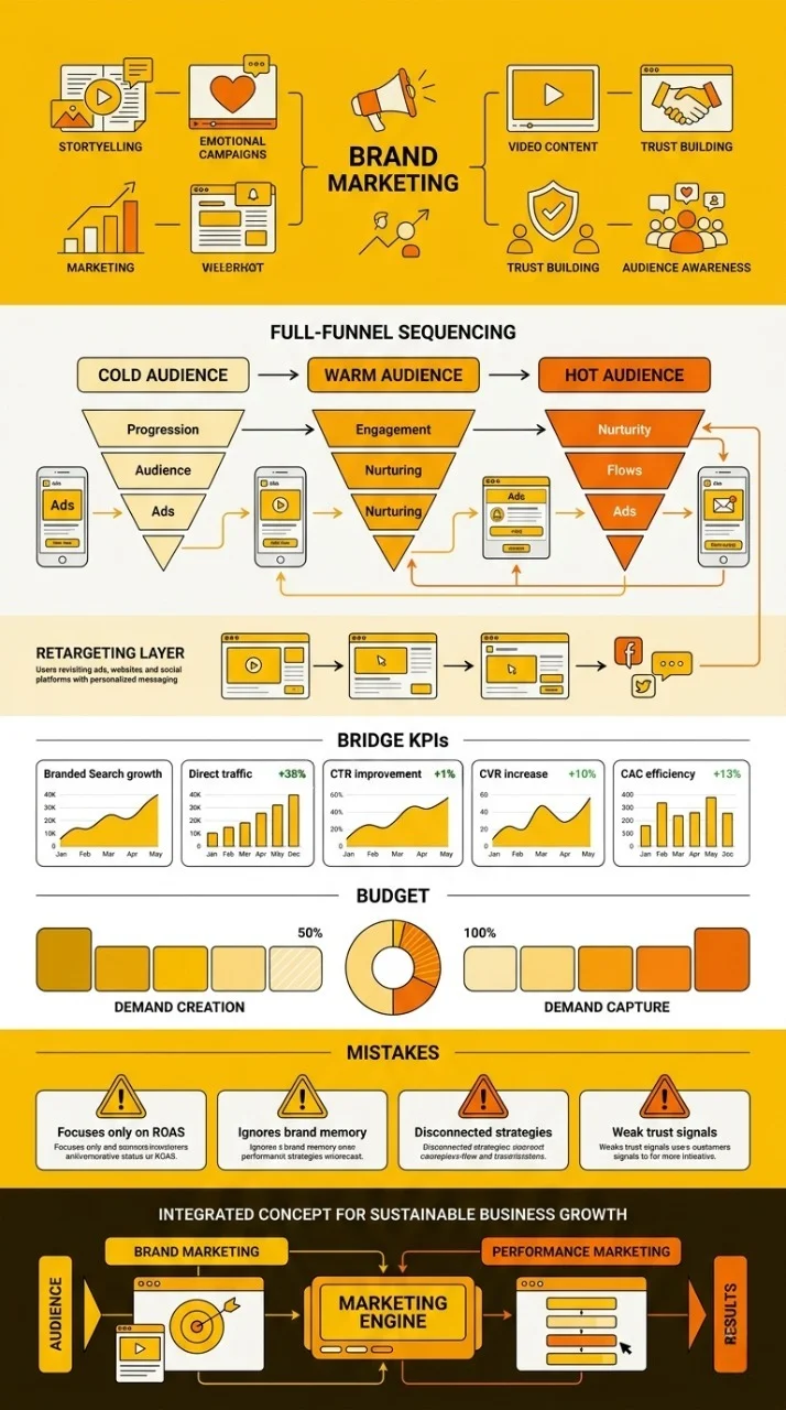 Business team analyzing Brand Marketing vs Performance Marketing strategies on performance analytics dashboard