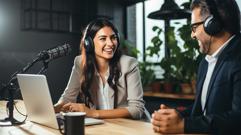 Podcast recording setup with microphone and headphones in a home studio