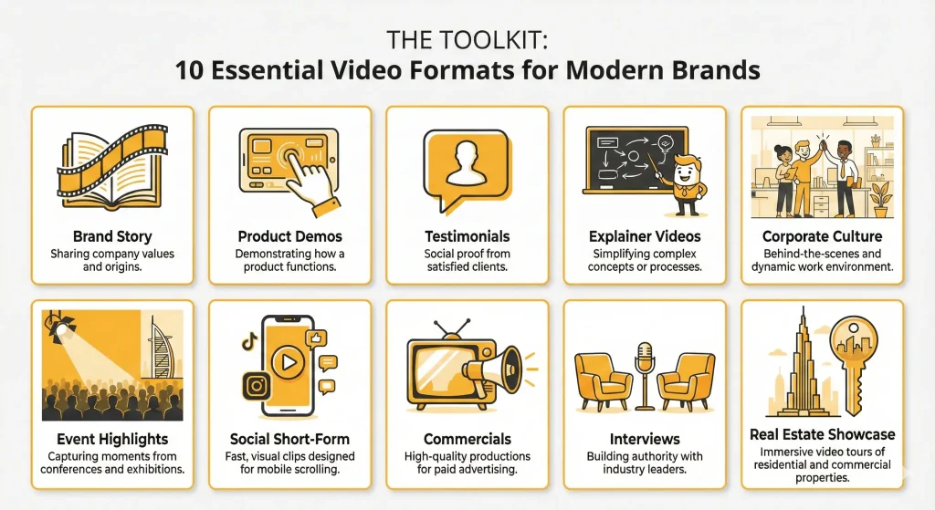 Infographic showing ten common video marketing formats including brand story videos, product demonstrations, testimonials, explainer videos, corporate culture content, event highlights, social short-form videos, commercials, interviews, and real estate showcase videos.