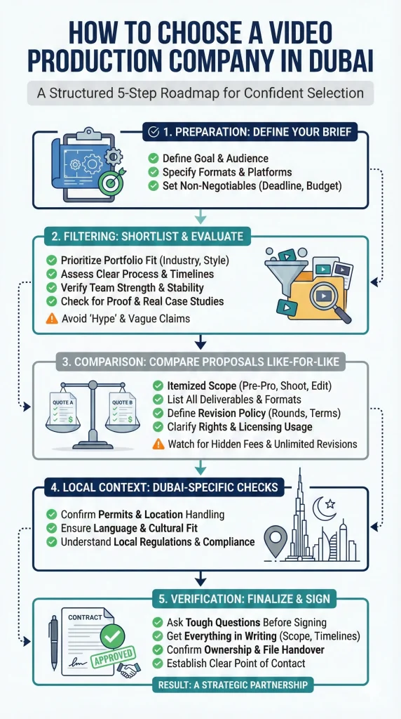 A 5-step infographic guide on choosing a video production company in Dubai, designed in black and gold Helio brand colors, covering preparation, evaluation, comparison, local context, and contracts.