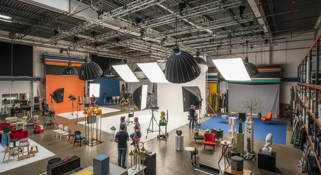 Crew preparing gear for studio vs location filming in Dubai, comparing natural light conditions and controlled environments.