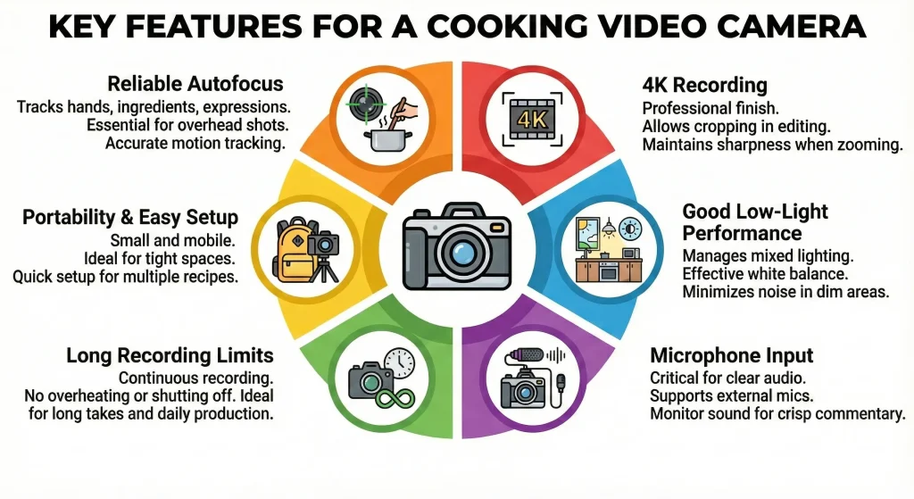 An infographic titled 'Key Features for a Cooking Video Camera' displaying a central camera icon surrounded by six colorful segments detailing essential specifications: Reliable Autofocus for tracking movement, 4K Recording for professional quality, Good Low-Light Performance for mixed kitchen lighting, Microphone Input for clear audio, Long Recording Limits for continuous shooting, and Portability & Easy Setup for tight spaces.