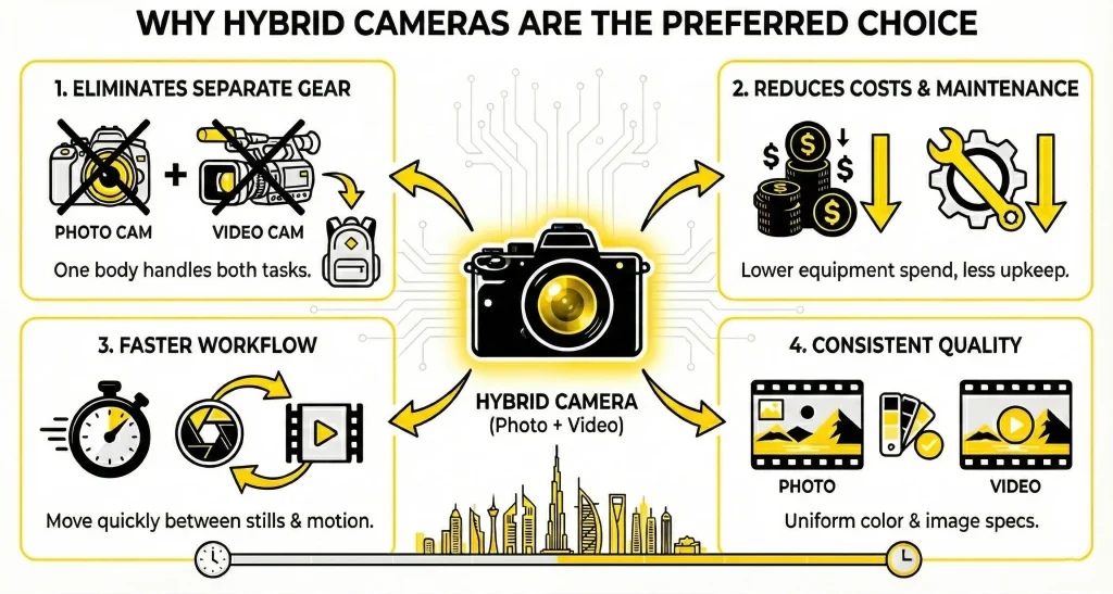 Infographic illustrating the benefits of hybrid cameras for photography and videography in Dubai, including eliminating separate gear, reducing costs, faster workflow, and consistent image quality.