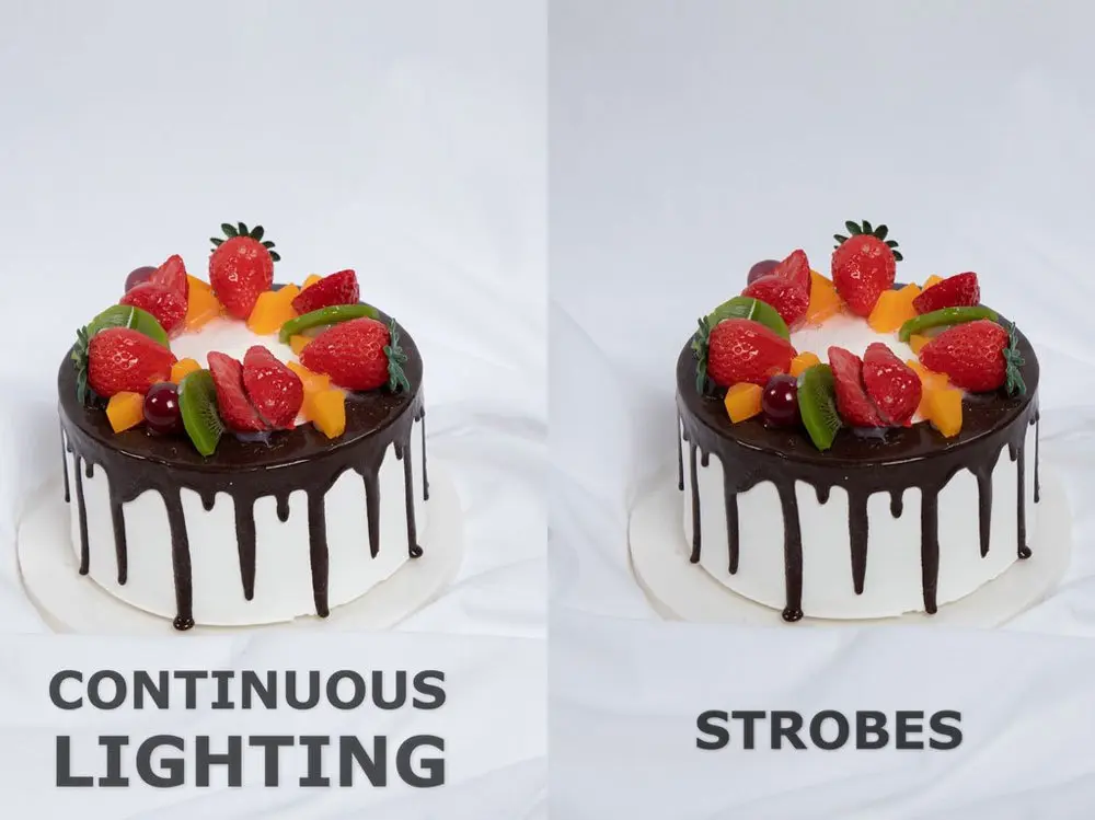 Photographer adjusting strobe light vs continuous light for a product photoshoot, highlighting differences in lighting effect.