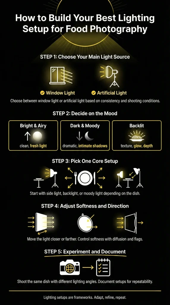 Infographic explaining step-by-step how to build a repeatable lighting setup for food photography, including light source selection, mood, direction, and light control.