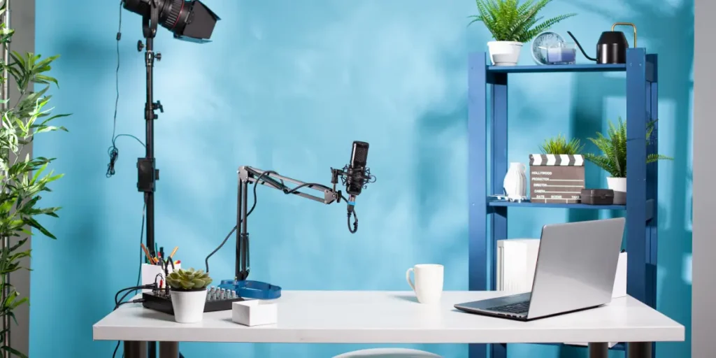 Podcast Setup Lighting – Solo podcaster with ring light and microphone in a compact recording space.