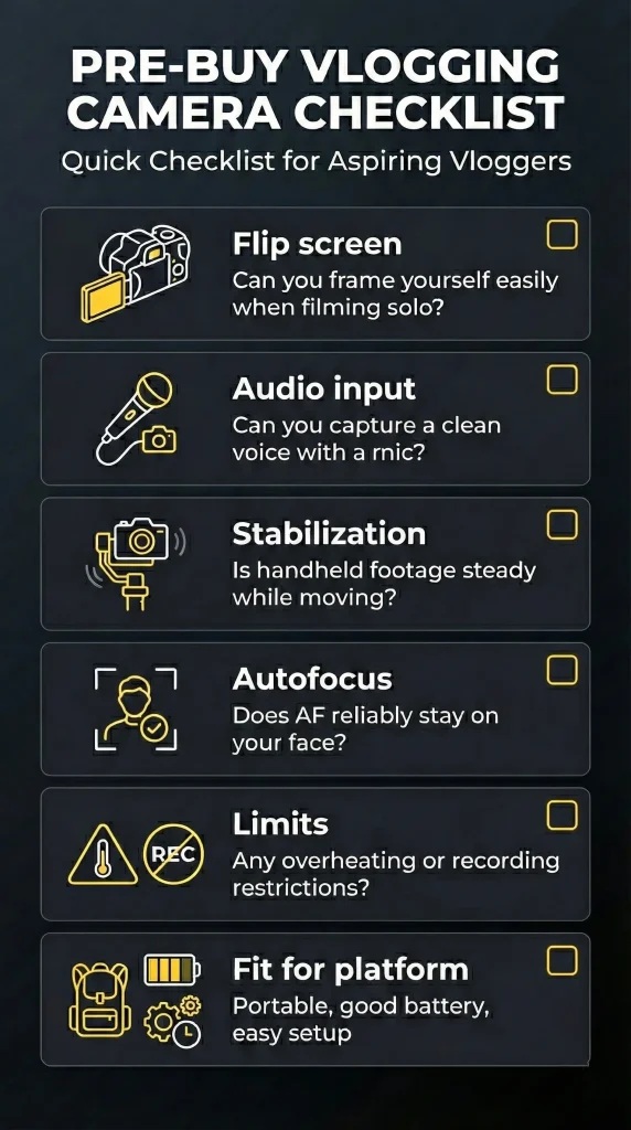 Dark-themed infographic titled "PRE-BUY VLOGGING CAMERA CHECKLIST - Quick Checklist for Aspiring Vloggers." It lists six essential features with yellow line icons and checkboxes on the right: Flip screen for framing, Audio input for external mics, Stabilization for steady footage, Autofocus for face tracking, recording Limits (overheating restrictions), and Fit for platform (portability/battery).