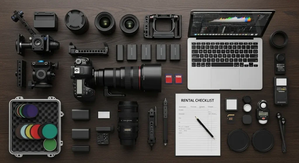 Camera Rental Guide: “Step-by-step camera rental guide showing essential cameras and accessories on a studio table.”