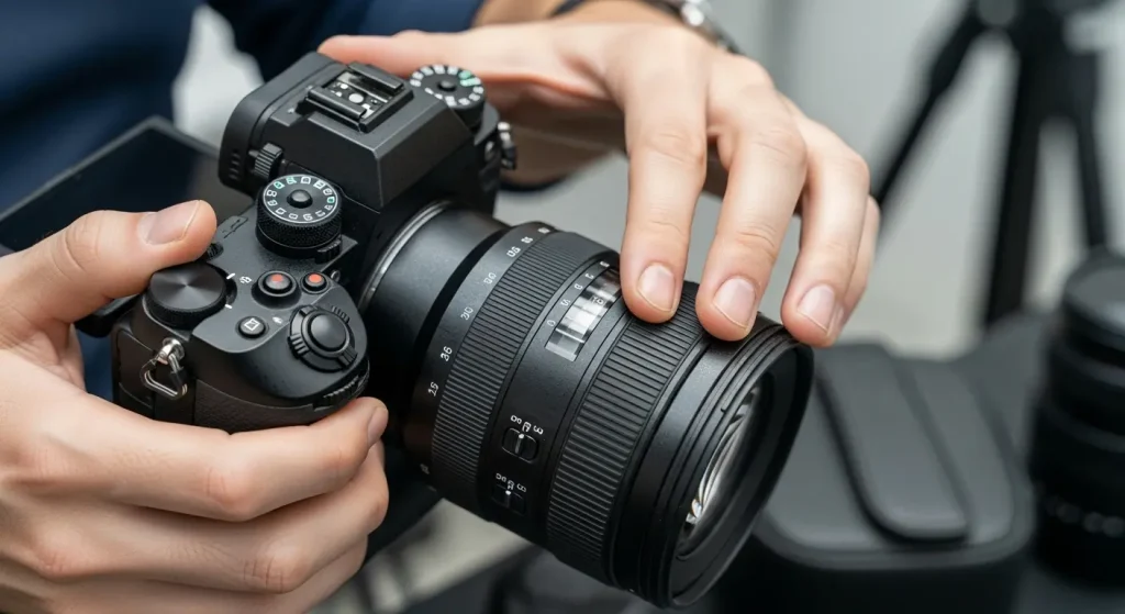 Camera Rental Guide: “Professional photographer reviewing rental cameras in a well-lit creative studio setting.”