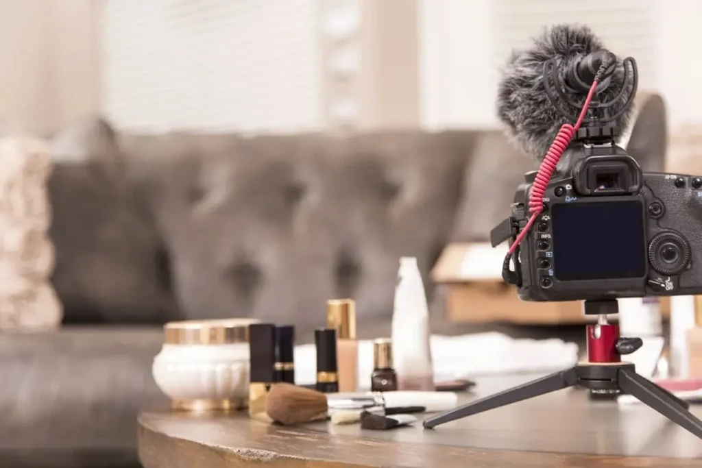 Close-up setup showing a creator testing the best makeup camera with perfect lighting, capturing accurate skin texture and color details for beauty content.