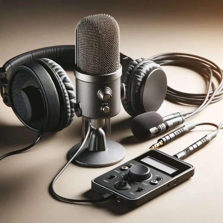 Podcast equipment list on a desk with headphones, microphone, and laptop ready for recording.