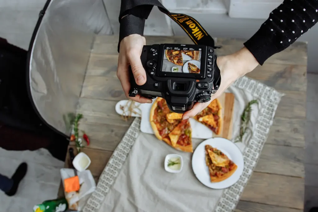 3. Food photo camera close-up showing lens and lighting for restaurant photography