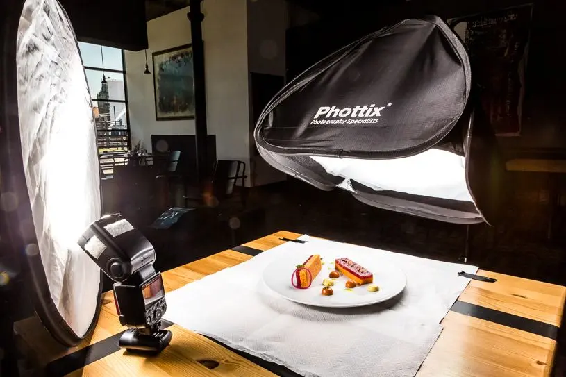 Professional food lighting setup demonstrating one-light technique with shadows and texture control
