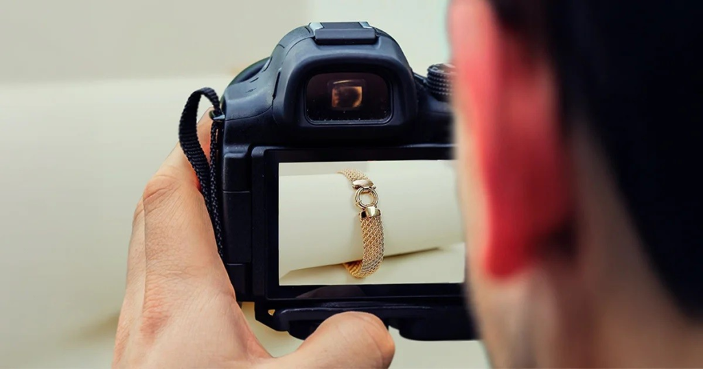 Macro shot setup showing ISO, aperture, and shutter speed adjustments for capturing jewelry with sharp details.