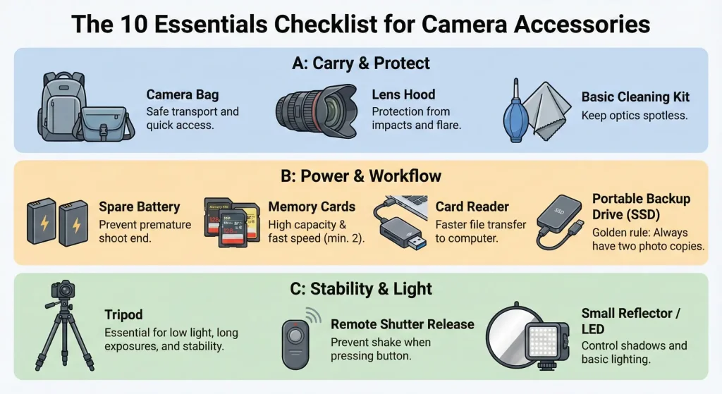 Infographic titled 'The 10 Essentials Checklist for Camera Accessories,' divided into three categorized sections with icons and descriptions. Section A, 'Carry & Protect' (blue), lists Camera Bag, Lens Hood, and Basic Cleaning Kit. Section B, 'Power & Workflow' (orange), lists Spare Battery, Memory Cards, Card Reader, and Portable Backup Drive (SSD). Section C, 'Stability & Light' (green), lists Tripod, Remote Shutter Release, and Small Reflector/LED.