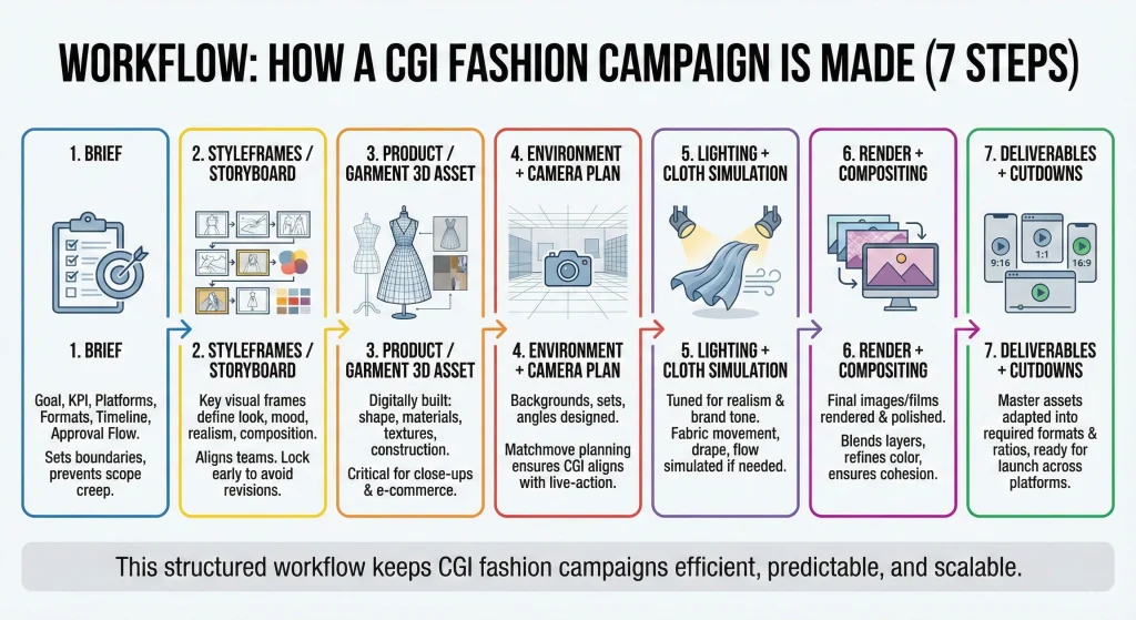 Infographic illustrating the seven-step production pipeline for creating a CGI fashion campaign, progressing from the initial brief to final deliverables.