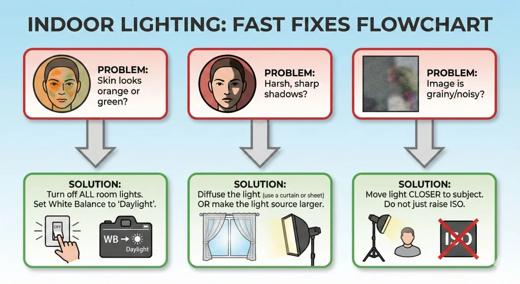 An infographic flowchart titled "Indoor Lighting: Fast Fixes" displaying solutions for common photography issues like unnatural skin tones, harsh shadows, and grainy images.