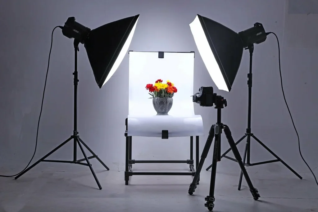 Professional product photography setup with lighting, background, and tripod for clean ecommerce images.