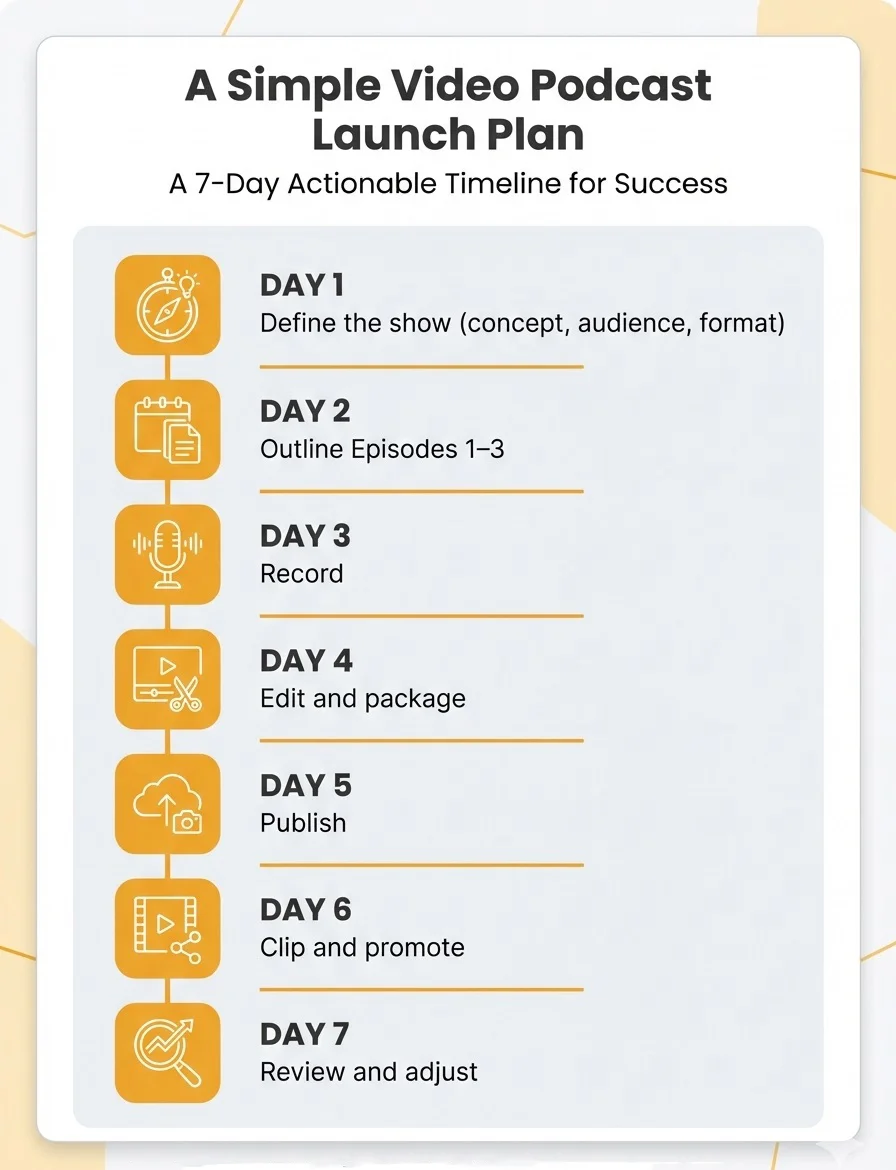 Visual breakdown explaining how to start a video podcast and grow it through regular publishing